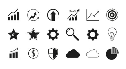 Fototapeta premium Collection of business and technology icons isolated on white background representing various