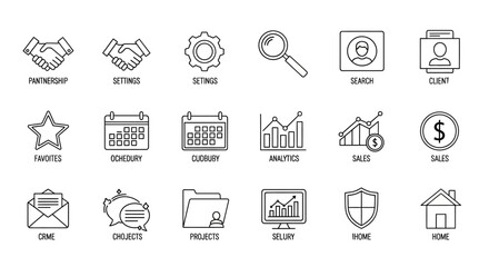 Collection of Business Icons Representing Partnership, Settings, Search, and Analytics elements
