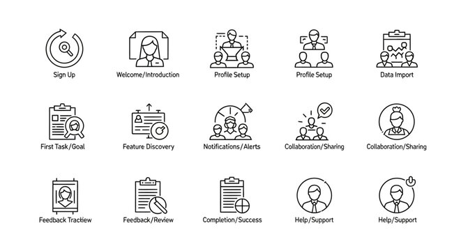 Illustrative icon set representing various business functions and processes in minimalist style