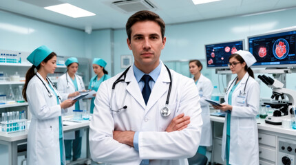 A confident medical doctor with a stethoscope leads a diverse team of professionals in a high-tech laboratory, symbolizing healthcare innovation and advanced research.
