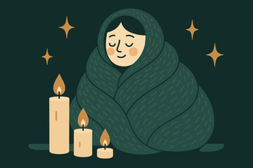 Cozy Evening Ritual. Evening coziness ritual. Character bundled into a deep textured blanket as candles