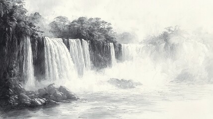 Majestic Waterfall Landscape in Monochrome Sketch nature Image