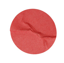 Red crumpled paper circle label with wrinkles and folds, a textured mockups element for design...