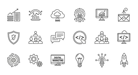 Set of vector line icons representing business, strategy, and digital marketing concepts