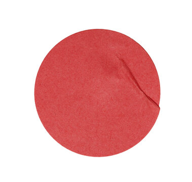 Round red textured paper label sticker with crease, peelable tag transparent background element showing