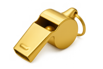 Golden whistle for referee controlling game, calling fouls, giving warnings, and managing athletes during competitions