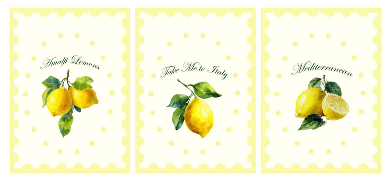Italian watercolor lemon frame with Amalfi coast motifs. Mediterranean summer poster design featuring citrus ornaments and Italian tile borders for elegant print decor.