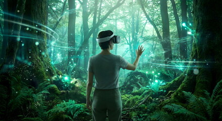Woman wearing VR headset exploring magical digital forest hologram, metaverse and augmented reality concept.