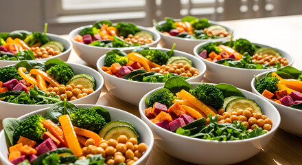 Multiple white bowls filled with colorful healthy food for meal prepping, including vegetables and chickpeas