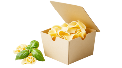 Pasta variety in a box with basil leaves for culinary delight and gourmet meal