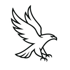 Obraz premium Minimalist black and white bird of prey illustration in mid-flight with extended wings and talons.
