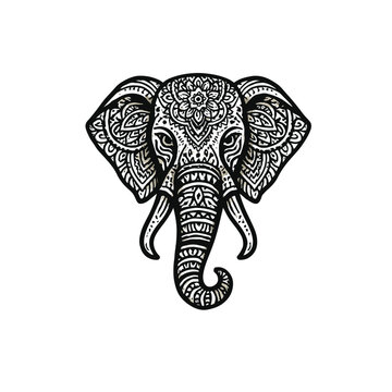 Ornate black and white elephant head illustration with mandala-style patterns and symmetrical decorative motifs.