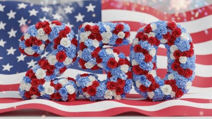 Obraz premium Floral arrangement number 250 made of red white and blue flowers on waving flag background. Patriotic 250th anniversary concept for USA Semiquincentennial celebration greeting card.