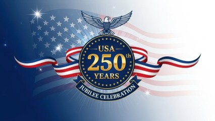 USA 250 years jubilee celebration logo with bald eagle and ribbon. Patriotic United States 2026 semiquincentennial anniversary seal for independence day and national holiday marketing.