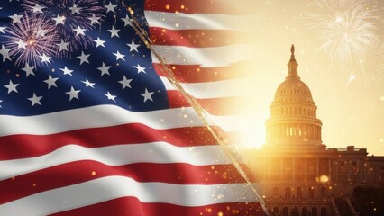 American flag and US Capitol building with fireworks for 250 years anniversary. Patriotic USA semiquincentennial 2026 celebration background for independence day and government events.