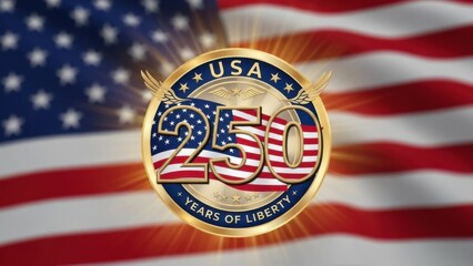 Golden USA 250 years of liberty anniversary seal on blurred American flag. Patriotic 2026 semiquincentennial commemorative badge for United States 4th of July celebration and marketing.