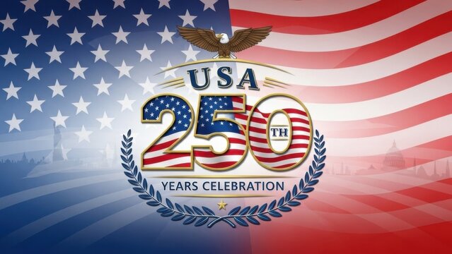USA 250th years celebration logo with bald eagle and laurel wreath. Patriotic American Semiquincentennial anniversary emblem with flag background for independence day holiday.