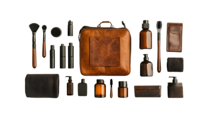 Elegant leather travel bag with toiletries for men displayed on a black background
