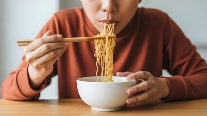 Person Enjoying a Delicious Bowl of Instant Noodles with Chopsticks.