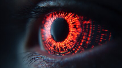 Scanning the cybernetic eye lens in a chaotic dark sci-fi environment for futuristic insights