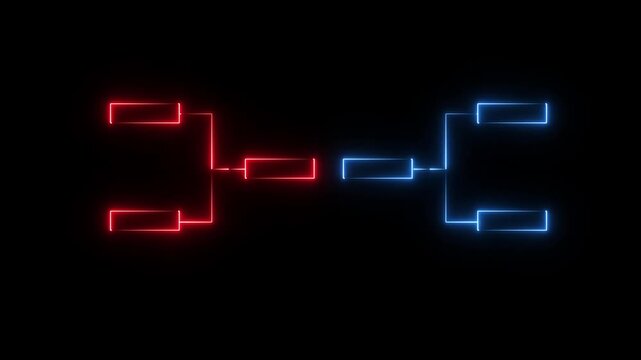 Glowing neon or outline championship single elimination tournament bracket or tree diagram isolated on neon . Fields for 8 players or teams, 4 from each side. It is suitable for all kinds of sports.