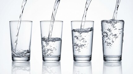 Sequence of pouring clean drinking water into glass showing progressive filling stages