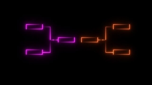 Glowing neon or outline championship single elimination tournament bracket or tree diagram isolated on neon . Fields for 8 players or teams, 4 from each side. It is suitable for all kinds of sports.