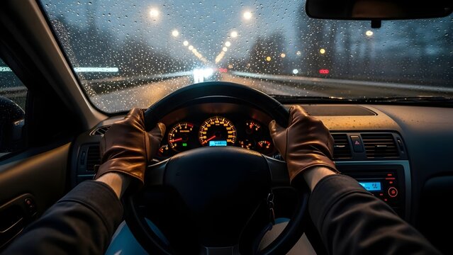 POV of a person driving a car at night on a rainy highway.