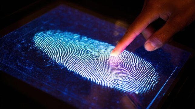 Medium shot of a fingerprint scanner in use at a biometric verification hub showcasing secure identity authentication for financial transactions - Powered by Adobe