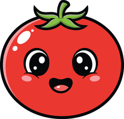 Fototapeta premium Cute cartoon tomato with happy face and green leaves on top
