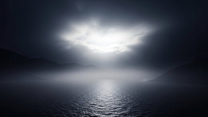 Mysterious lake scene with dramatic sky and clouds