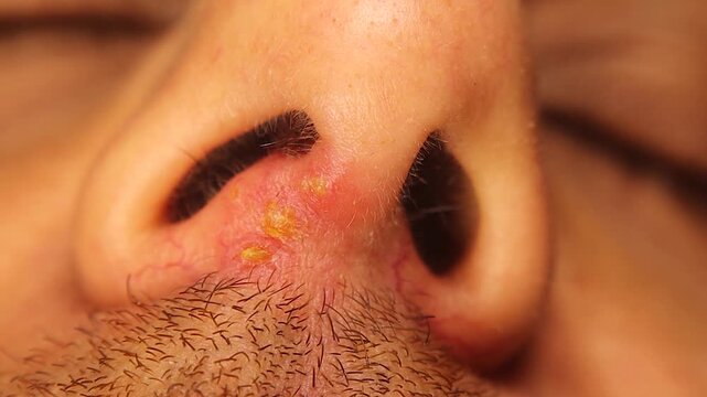 Herpes Simplex Virus type 1 (HSV-1) mouth infection with cold sores triggered after severe influenza fever and psychological stress. for medical, healthcare awareness, virology and infectious disease.