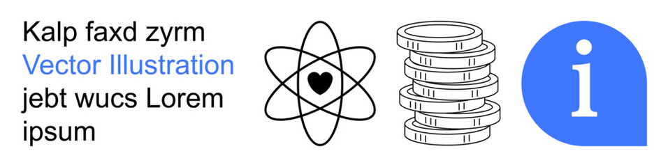 Science, education, economy, technology, physics, research. Atomic heart symbol, coin stack info icon. Science and education highlighted with a focus on creativity and facts