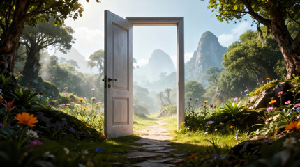 Surreal Open Door Standing Alone in Lush Forest as Symbol of Passage and New Beginnings