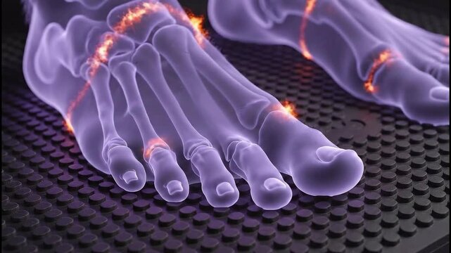 Xray Vision of Human Feet with Glowing Joints and Bones.