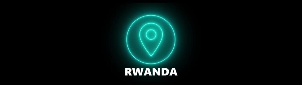 Cyan Neon Location Pin Icon with RWANDA Text on Black Background rwanda navigation