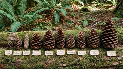 Educational Display of Ten Different Pinecone Varieties Labeled and Arranged on a Mossy Log in a Lush Forest Environment