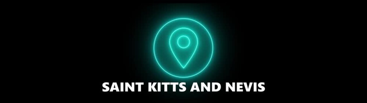 Cyan Neon Location Pin Icon with SAINTKITSANDNEVIS Text on Black Background saint kitts and nevis