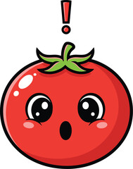 Surprised cartoon tomato with exclamation mark emoticon