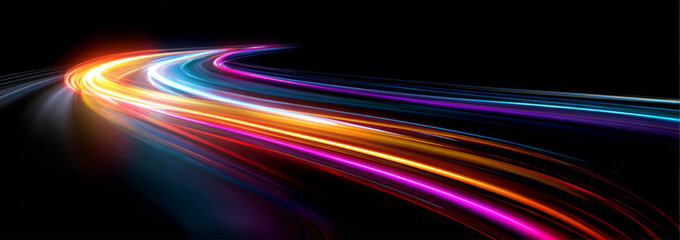 Bright neon speed lines curl across a night urban highway. Flowing glowing trails visualize rapid energy and fast digital motion. Futuristic abstract composition presented in vector.