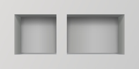 Empty boxes mockup icon in realistic style. Gallery showcase vector illustration on isolated background. Empty stand display sign business concept.