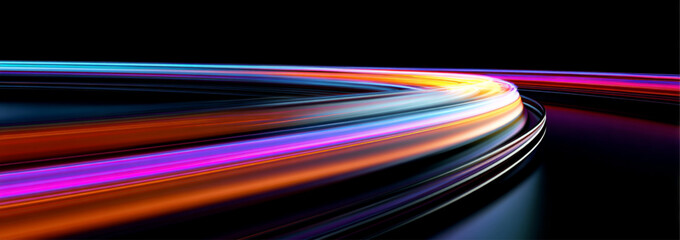 Transparent neon speed line cuts through abstract digital space. Glowing light trails emphasize fast motion and energy flow. Futuristic technological illustration isolated in vector. © Strongstock03
