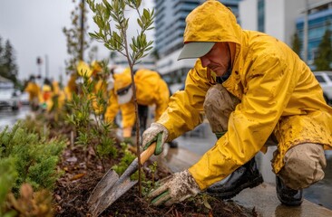 A man in a yellow raincoat is planting a tree