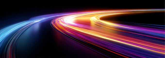 Bright neon speed lines curl along a high speed night highway. Flowing light trails visualize acceleration and digital energy. Futuristic abstract design presented in vector.