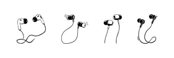 Obraz premium Earphones And Earbuds Doodle Sketch Set. Audio Listening Devices And Personal Sound Accessories In Hand Drawn Style Collection. Music And Technology Illustration. Isolated Vector Illustration