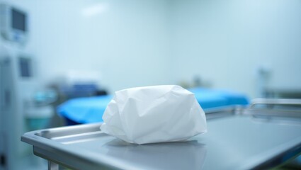 surgical cap on table on stainless surface with cool blue lighting and quiet sterile hospital mood