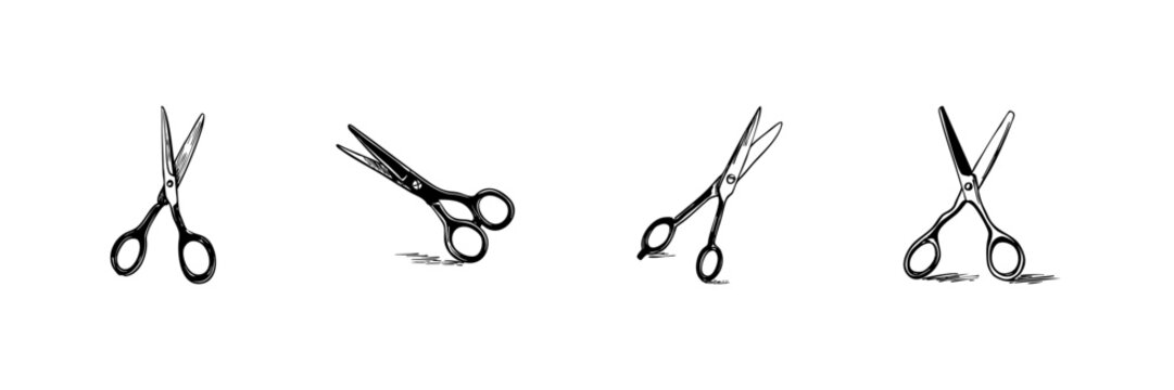 Scissors Doodle Sketch Set. Cutting Tools And Crafting Essentials In Hand Drawn Style Collection. Versatile Scissors For Sewing, Office, Art Projects. Isolated Vector Illustration