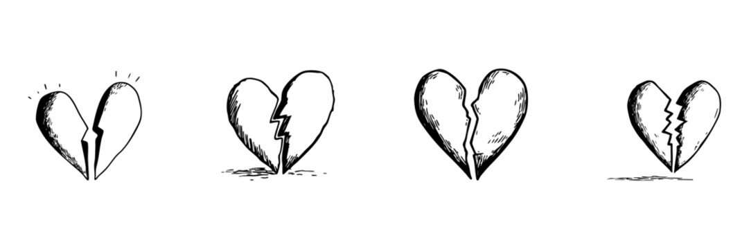 Broken Heart Doodle Sketch Set. Emotional Heartbreak And Relationship Challenges In Hand Drawn Style Collection. Love And Loss Symbolism. Isolated Vector Illustration