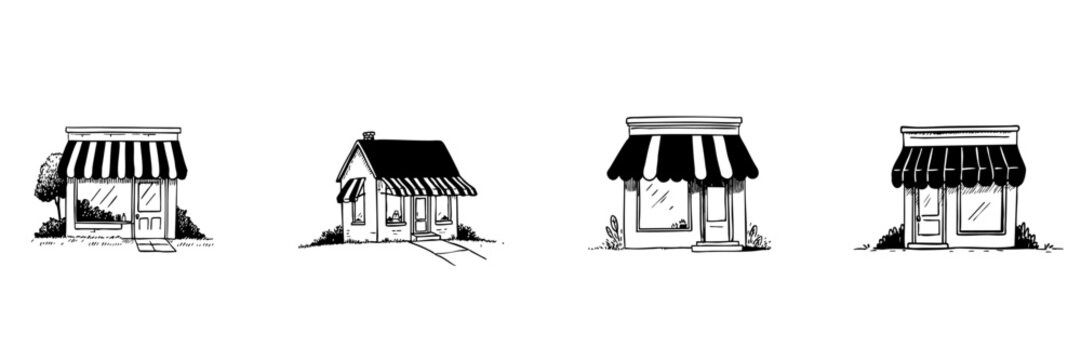 Small Retail Shops Doodle Sketch Set. Local Business, Boutique, And Storefront Illustrations In Hand Drawn Style Collection. Charming Neighborhood Shops. Hand Drawn Isolated Vector Illustration