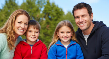 Smiling Family of Four Posing Happily Outdoors Against a Lush Green Nature Background